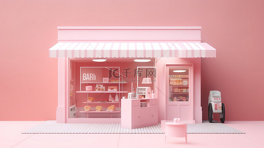 小型便利店 3d 渲染在柔和的粉红色背景上，有文字空间