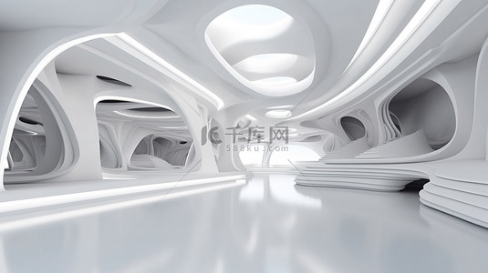 未来派建筑设计的创新 3D 渲染，白色混凝土地板非常适合汽车展示