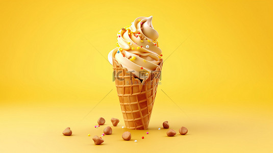 美味的软冰淇淋卷入脆皮华夫饼锥体，映衬在充满活力的黄色背景 3D 渲染中