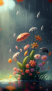 小花雨滴植物雨中的漂亮小花卡通可爱背景