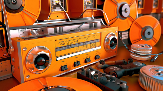 橙色背景上被磁带和耳机包围的录音机的 3D 渲染