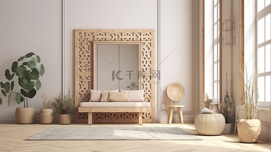 柔和色调的休闲角落，带 3D 室内场景和大木框上的波西米亚编织地毯