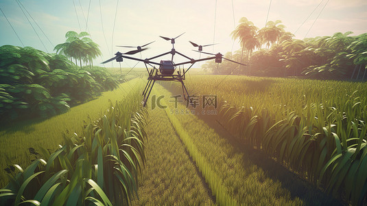 农场农场背景图片_甘蔗农场农业无人机喷施肥料的 3D 渲染