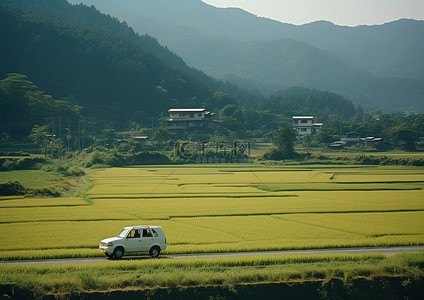 稻田村庄背景图片_一辆汽车正沿着一些稻田行驶到附近的山上