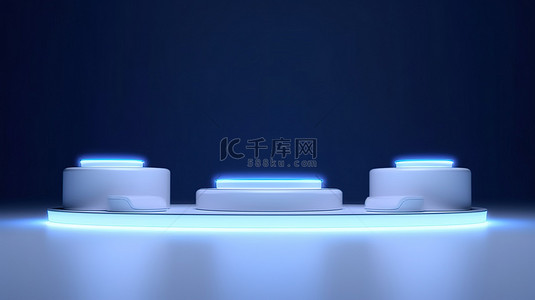 用于产品展示的带有霓虹灯的白色舞台讲台的 3D 渲染