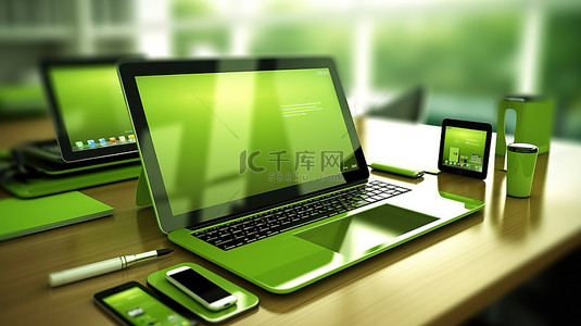 绿色办公桌笔记本电脑手机和数字平板电脑上的科技设备 3D 插图