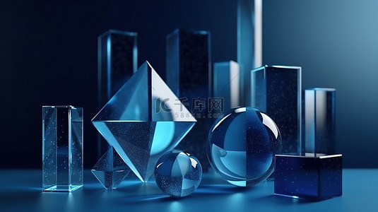 现代简约蓝色几何形状光滑玻璃逼真的 3D 抽象艺术插图