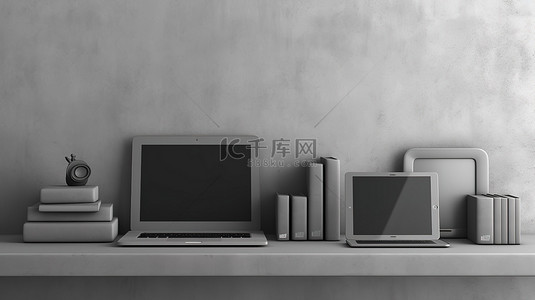 灰色墙架背景与电脑笔记本电脑手机和平板电脑的 3D 插图