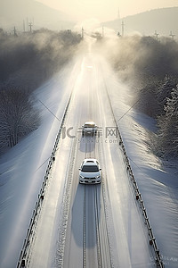 山汽车背景图片_两辆汽车沿着雪覆盖的山上的轨道行驶