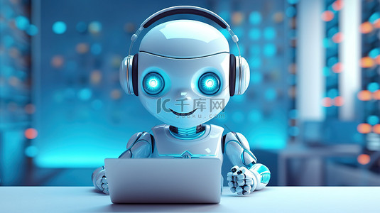 客户服务的高效自动化可爱的机器人通过耳机和笔记本电脑提供协助
