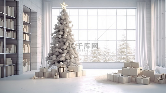 节日 3D 渲染圣诞树和礼物照亮明亮的室内
