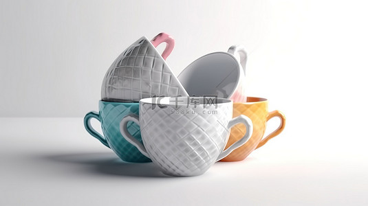 拿铁茶背景图片_在白色背景上以 3D 渲染堆叠陶瓷杯