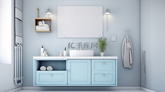 家居家居设计背景图片_简约的浴室设计，带有开放空间，可放置洗漱用品洗脸盆和浅蓝色橱柜 3D 渲染