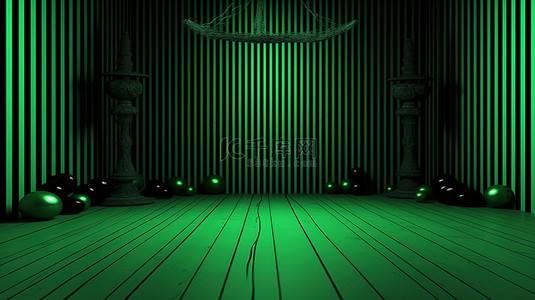 怪异的绿色和黑色条纹万圣节房间背景的 3D 渲染