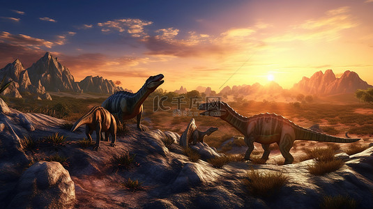 艺术恐龙背景图片_落基山上有 3D 渲染恐龙的日落景观