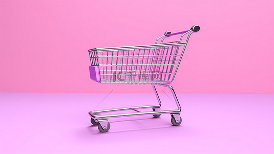 粉红色背景中翱翔的购物车的 3D 插图