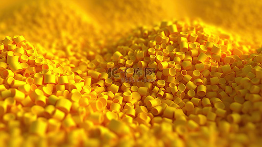 充满黄色塑料珠的石化聚合物托盘的 3d 插图