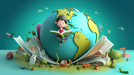 儿童在 3D 插图背景的地球仪上阅读儿童读物
