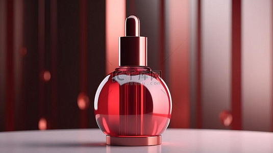 现代护肤品包装样机中高架红色血清滴管瓶的 3D 渲染