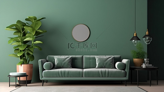 绿色客厅 3D 渲染展示令人惊叹的家居室内装饰，配有棕色沙发和桌子