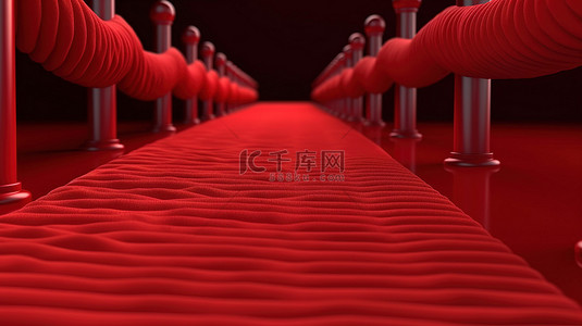 长长的红地毯尽头的大楼梯的 3d 渲染，两侧是绳索障碍
