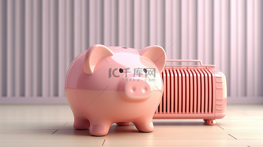 带散热器的省钱盒，用于家庭取暖费用 3d 渲染