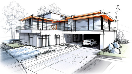 住宅建筑建筑草图的 3D 插图