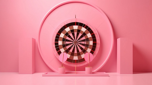 成功目标实现了粉红色背景上箭头刺穿靶心的 3D 渲染