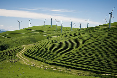 风力发电绿色环保背景图片_绿色草山上的风车