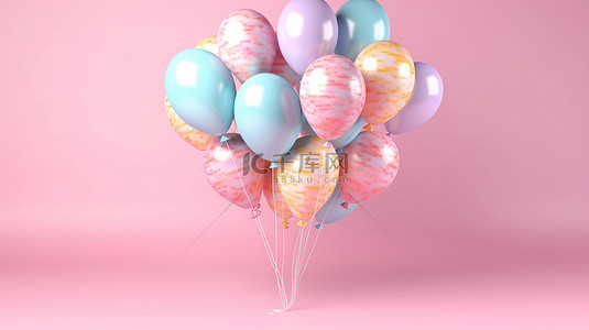 心形物品背景图片_柔和色调的气球在数字渲染的腮红色调背景下飘浮