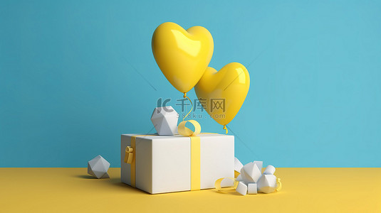致最好的你背景图片_极简主义最好的 3D 渲染，白色礼盒装饰着一条蓝丝带和气球心，背景是充满活力的黄色