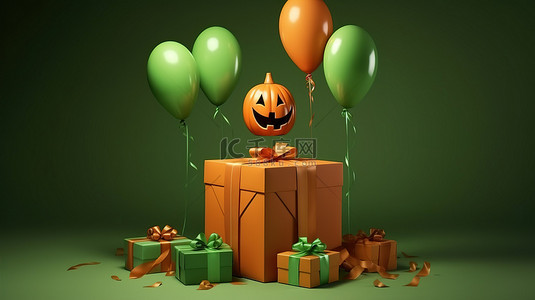 10 月 31 日，幽灵般的讲台南瓜 3D 渲染万圣节庆祝活动，配有绿色背景礼品盒和气球