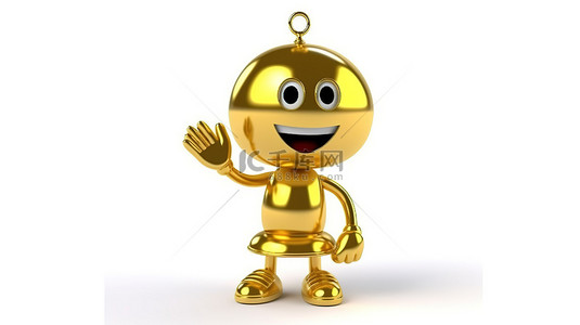 白色背景下拿着酒店服务铃的金奖奖杯吉祥物人物角色的 3D 渲染