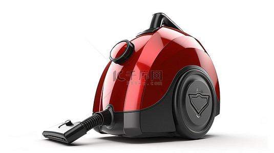 白色背景 3D 渲染上的红色金属屏蔽现代吸尘器