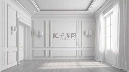 白色床背景图片_简约的衣柜展示在白色色调的空房间中，带有墙檐 3D 渲染