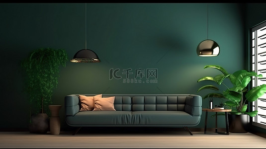 现代绿色生活空间，配有毛绒棕色沙发和郁郁葱葱的植物 d cor 3d 可视化