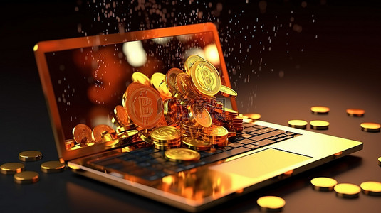 比特背景图片_带有比特币加密货币的笔记本电脑的 3D 插图描绘了商业财富和财务