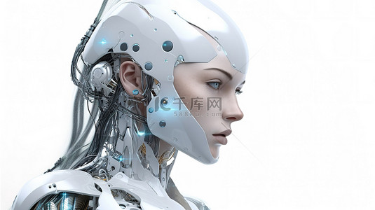 3D 渲染中的女性机器人或机器人独自站在白色背景上