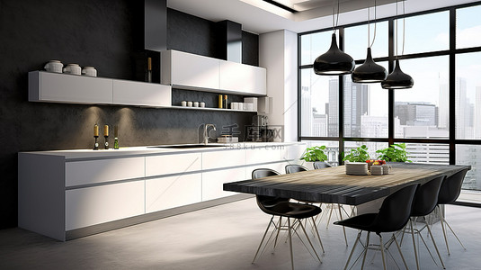 时尚现代的单色厨房，具有光滑的外观和 3D 设计的抛光混凝土地板