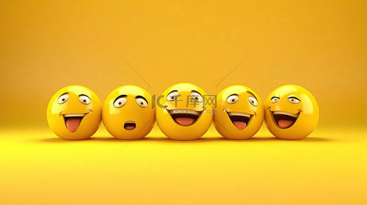 4个表情背景图片_黄色背景上五个舌头粘贴表情符号的全景 3D 渲染
