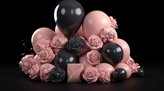 柔和的玫瑰气球的 3D 插图在黑色背景上从 a 到 z 拼出字母表