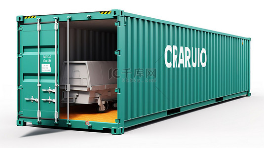 货物进门背景图片_白色背景的 3D 插图隔离空集装箱，门开，侧面有货物标签