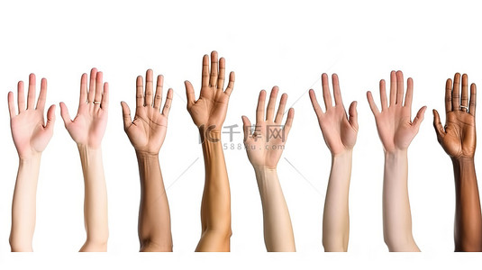 手掌与手掌背景图片_卡通手设置与各种手势隔离在白色背景 3D 渲染插图