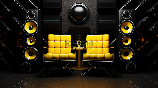 现代黑色内饰，配有时尚的黑色和黄色扶手椅扬声器系统以及 3D 渲染的镶框艺术品