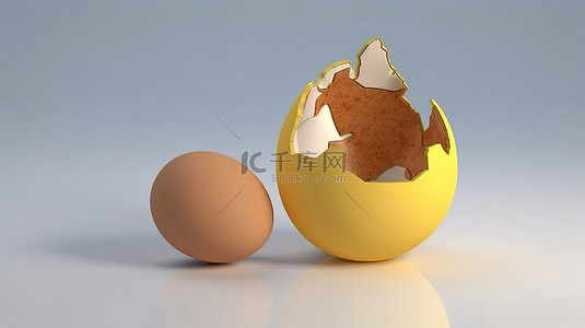 破裂的鸡蛋和白色孤立的 3D 插图上的谜