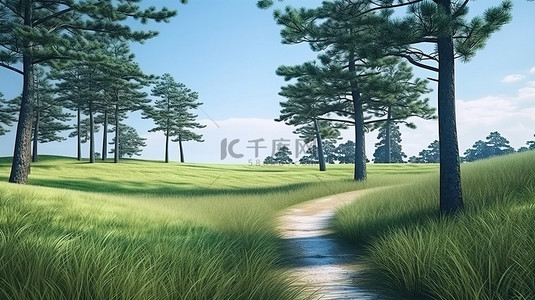 松树笼罩在郁郁葱葱的绿色草地 3D 可视化中的路径