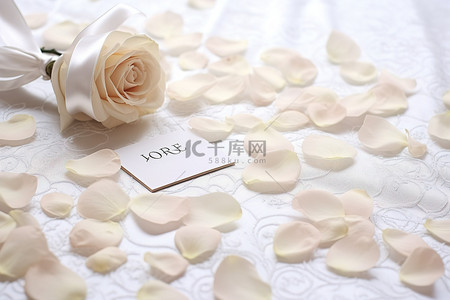 婚礼日期在白色桌布上，床上铺着玫瑰花瓣