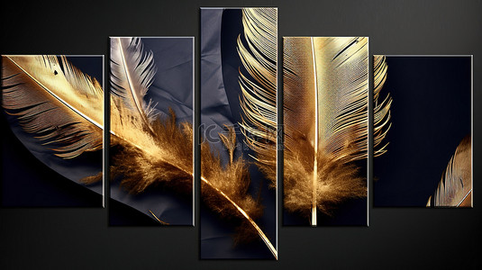 当代帆布墙艺术 3D 羽毛和叶子，深色背景下带有镀金波浪