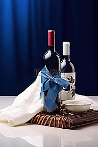 情人餐巾纸背景图片_一盒蓝色的食物，里面有餐巾纸和酒瓶
