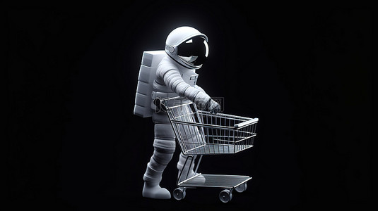 插图设计，以 3D 渲染中的宇航员推动购物车图标为特色